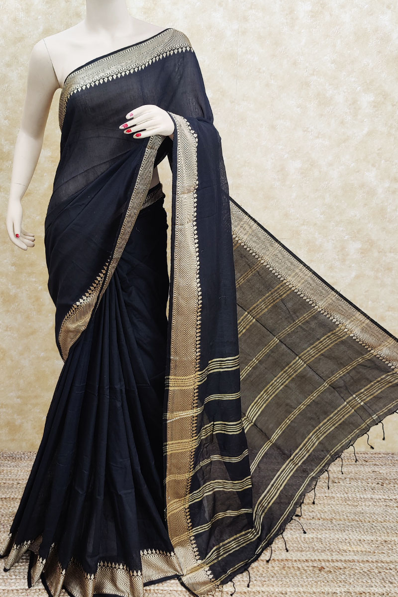 Black color Bengal Handloom Khadi Cotton Saree(With Blouse) MC251825